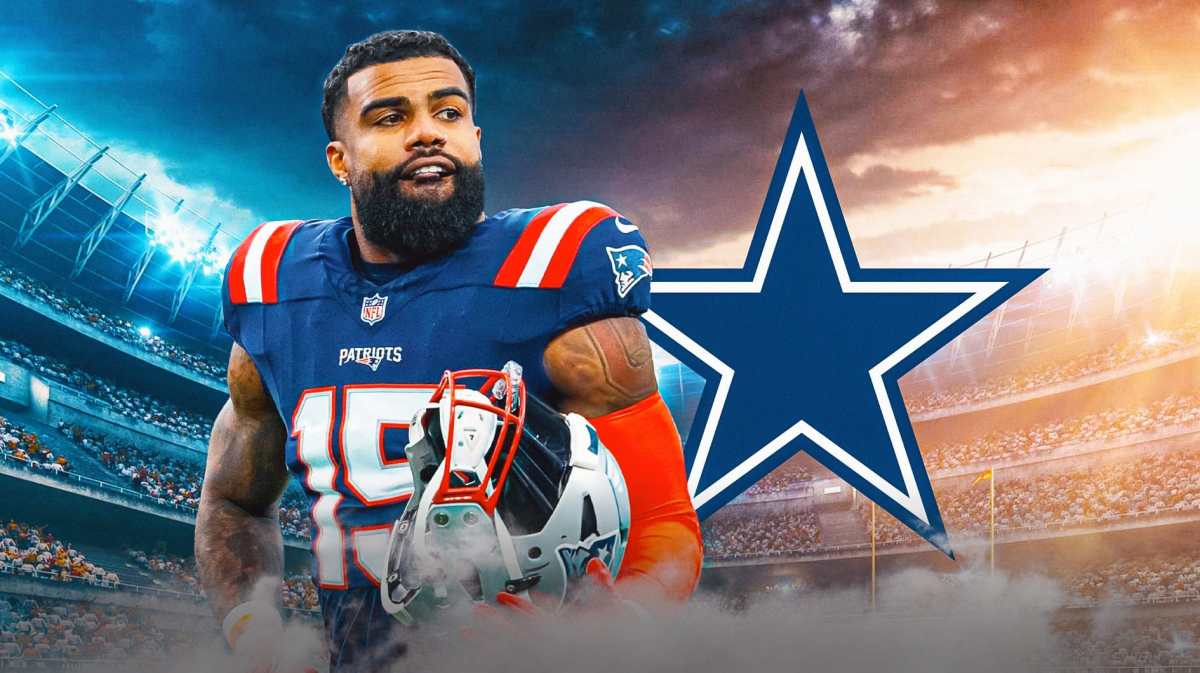 Patriots' Ezekiel Elliott stands next to Cowboys logo, Dak Prescott in background