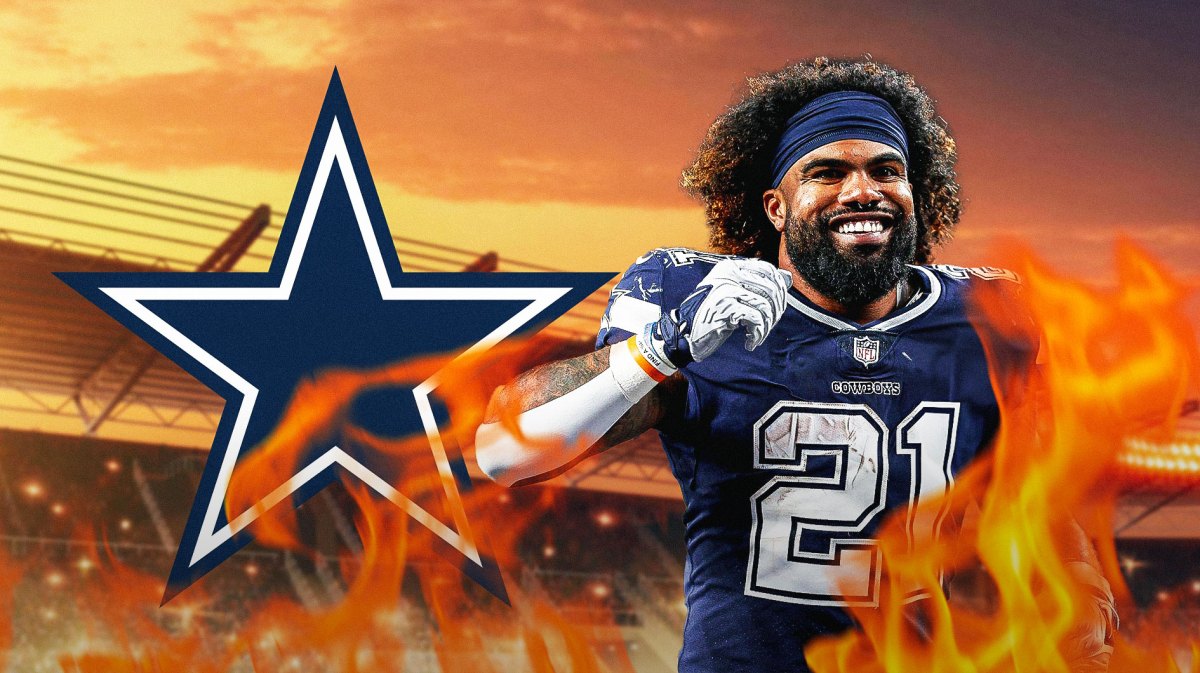Patriots' Ezekiel Elliott stands next flaming Cowboys logo, free agency signs in background