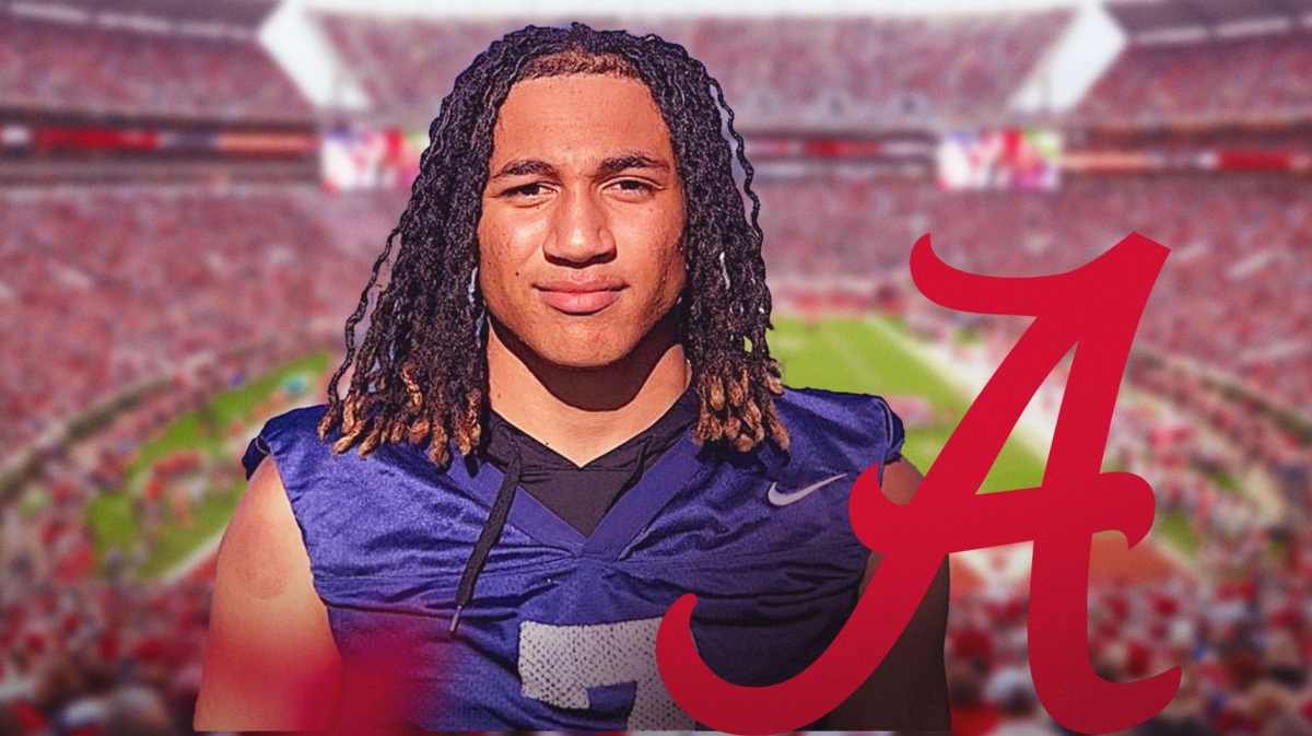 Peyton Woodyard stands next to Alabama football logo, Nick Saban, transfer portal signs in background