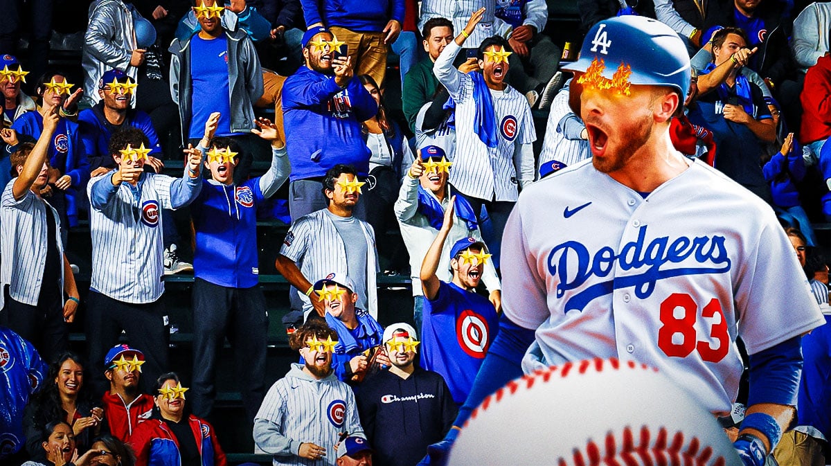 Michael Busch on fire on one side, a bunch of Chicago Cubs fans on the other side with stars in their eyes
