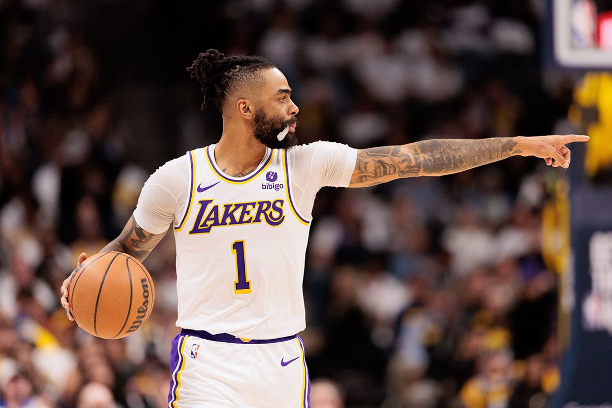 Los Angeles Lakers guard D'Angelo Russell (1) calls a play during the third quarter against the Denver Nuggets in game one of the first round for the 2024 NBA playoffs at Ball Arena.