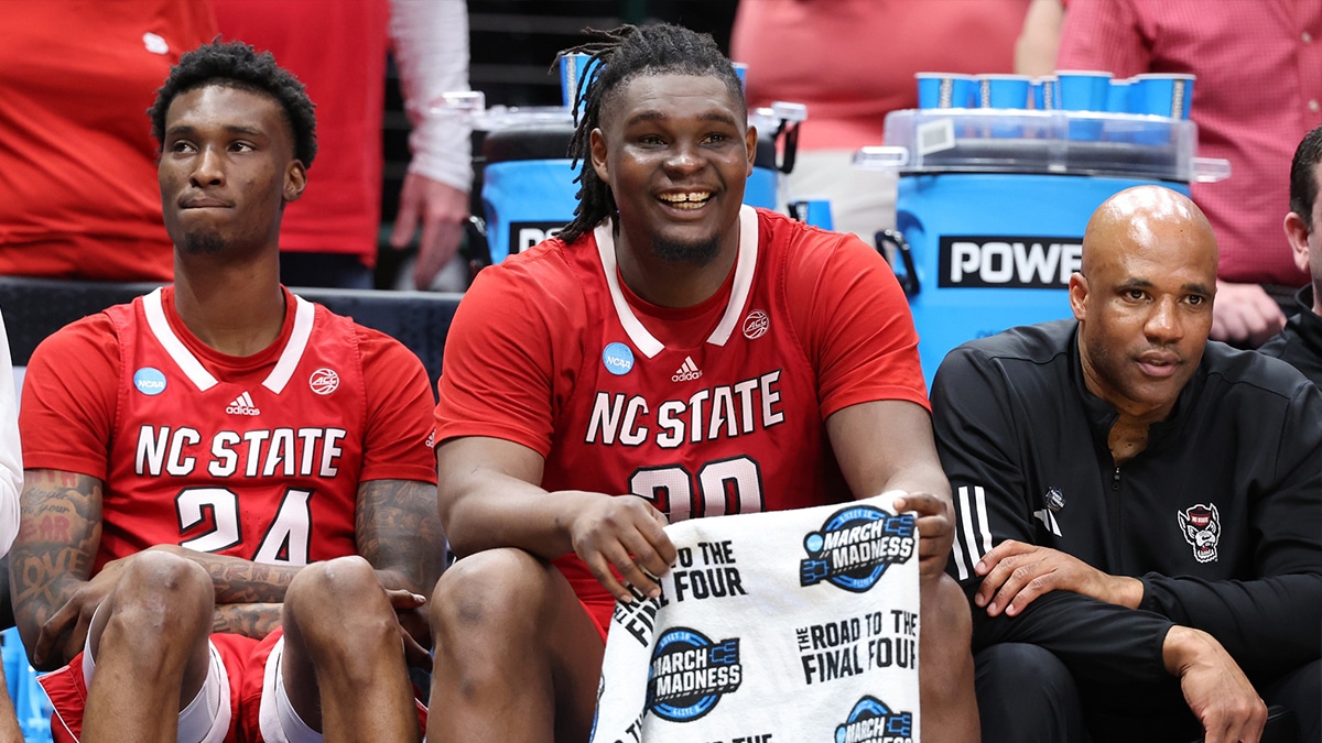 Mar 31, 2024; Dallas, TX, USA; North Carolina State Wolfpack forward DJ Burns Jr. (30) reacts on the bench in the second half against the Duke Blue Devils in the finals of the South Regional of the 2024 NCAA Tournament at American Airline Center.