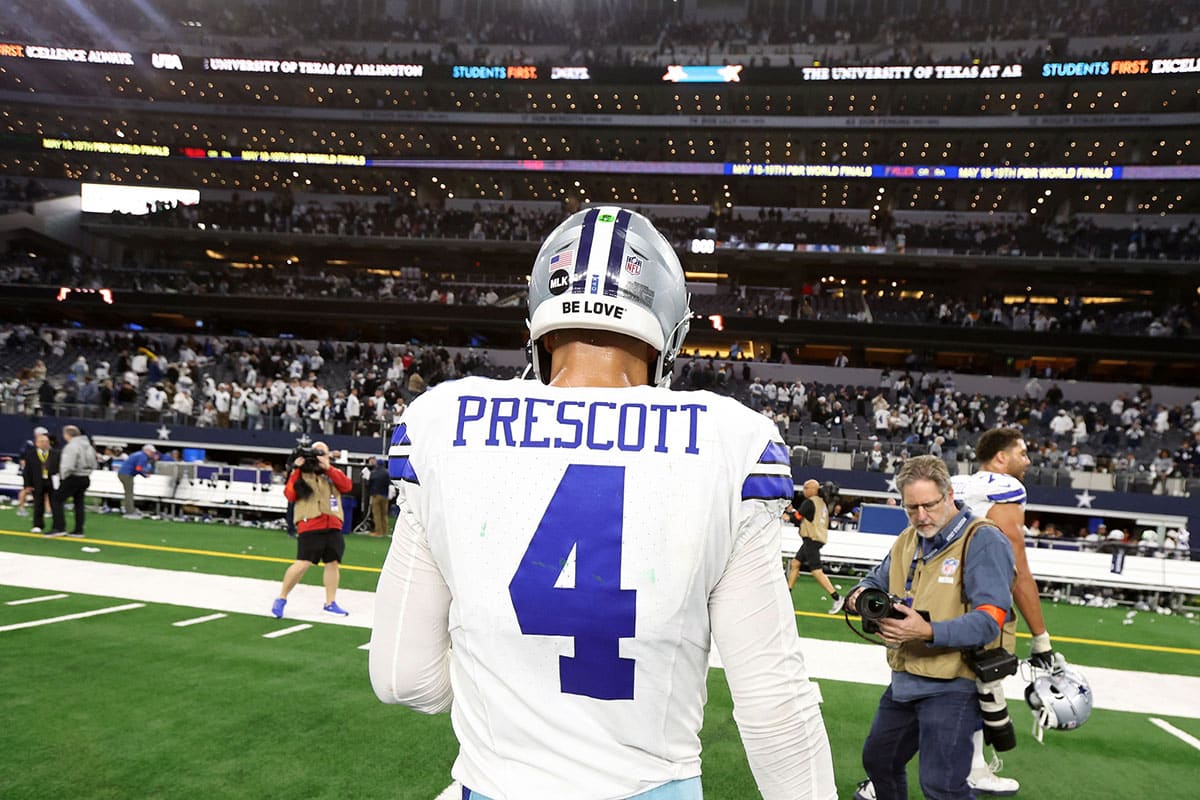 Dallas Cowboys quarterback Dak Prescott (4) walks off the field after losing in the 2024 NFC wild card game against the Green Bay Packers at AT&T Stadium