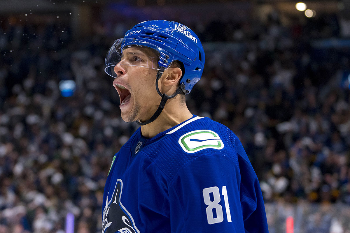 Vancouver Canucks forward Dakota Joshua (81) celebrates scoring the game winning goal against the Nashville Predators in the third period in game one of the first round of the 2024 Stanley Cup Playoffs at Rogers Arena.