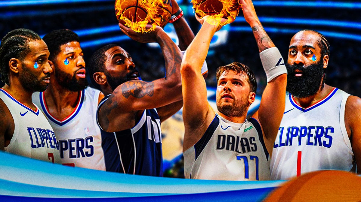 Mavericks' Luka Doncic and Kyrie Irving shooting fireballs, Clippers stars Kawhi Leonard, Paul George, James Harden crying