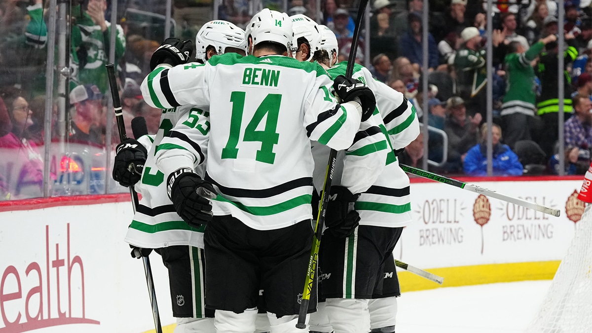Dallas Stars center Wyatt Johnston (53) (left) celebrates his goal with teammates in the third period against the Colorado Avalanche at Ball Arena.
