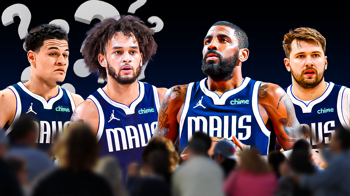 On right, Mavericks' Dereck Lively II, Mavericks' Josh Green with question marks everywhere. On left, Mavericks' Kyrie Irving, Mavericks' Luka Doncic looking serious.