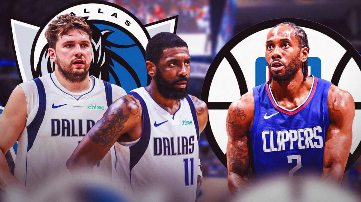 Mavericks' Luka Doncic, Mavericks' Kyrie Irving on left looking serious. Clippers' Kawhi Leonard on right looking serious. Mavericks and Clippers logos both in background.