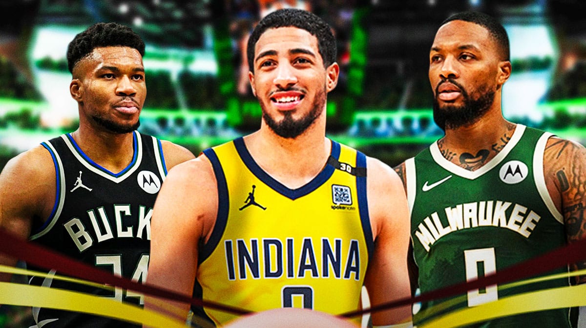 Bucks players Damian Lillard and Giannis Antetokounmpo looking at Tyrese Haliburton.