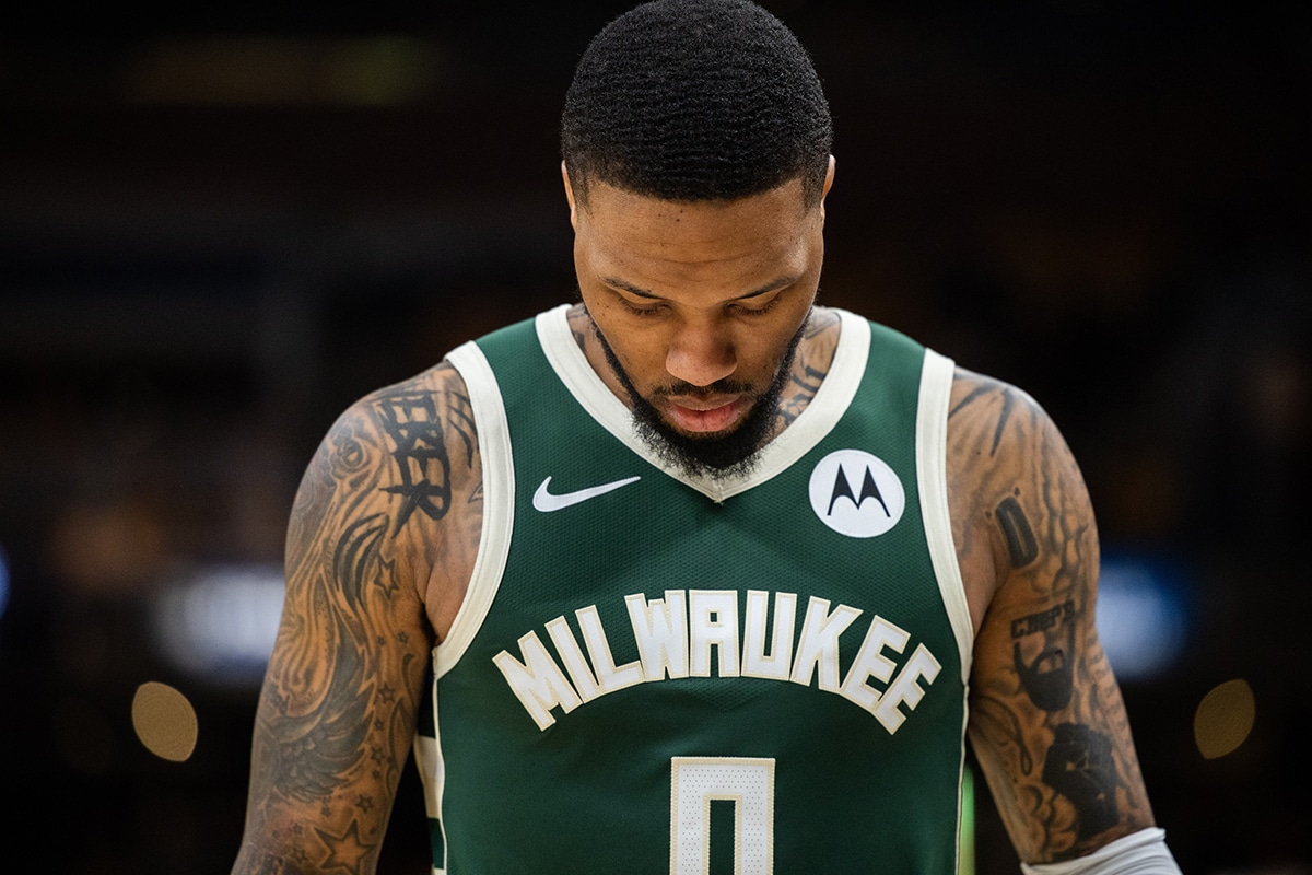 Milwaukee Bucks guard Damian Lillard (0) during game three of the first round for the 2024 NBA playoffs against the Indiana Pacers at Gainbridge Fieldhouse