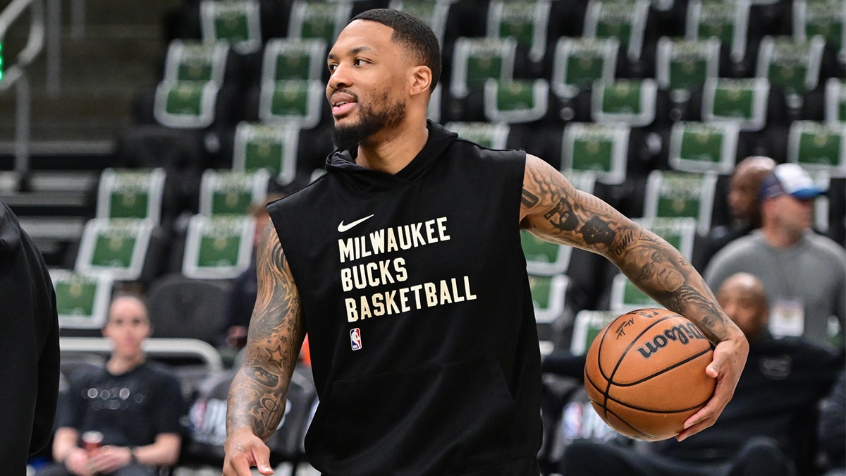 Milwaukee Bucks guard Damian Lillard (0) warms up before game one of the first round against the Indiana Pacers for the 2024 NBA playoffs at Fiserv Forum