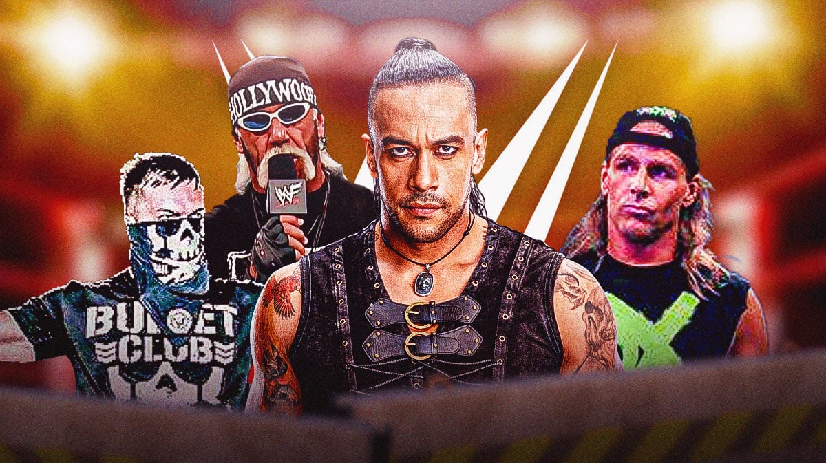 Damian Priest next to NWO Hulk Hogan, Bullet Club Prince Devitt, and DX Shawn Michaels with the WWE logo as the background.