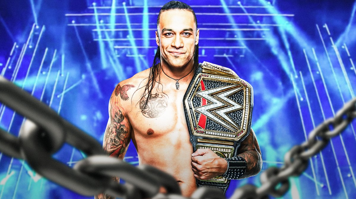 Damian Priest holding the WWE World Heavyweight Championship with the WrestleMania 40 logo as the background.