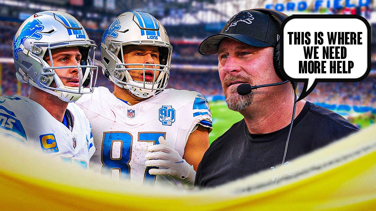 Photo: Dan Campbell saying "This is where we need more help" coaching Lions, have Ford Field as background