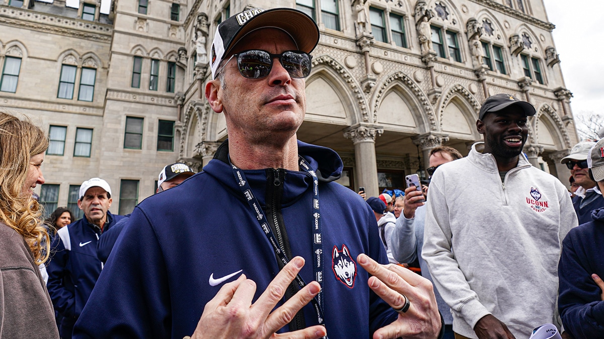 UConn Huskies head coach Dan Hurley and his players leave the State Capitol to start the teams NCAA Mens Basketball Championship victory parade. 