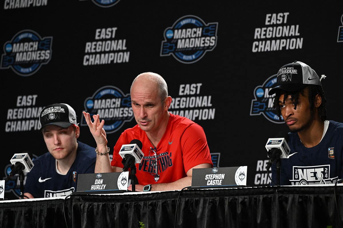 Connecticut Huskies head coach Dan Hurley speaks to the media after the game against the Illinois Fighting Illini for the finals of the East Regional of the 2024 NCAA Tournament at TD Garden