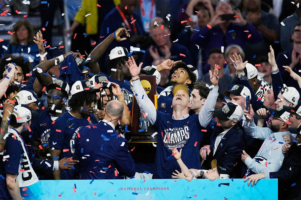 Connecticut Huskies head coach Dan Hurley celebrates after defeating the Purdue Boilermakers in the national championship game of the Final Four of the 2024 NCAA Tournament
