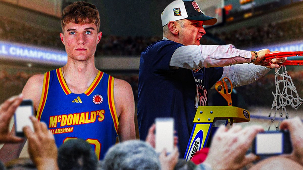 New UConn signee Liam McNeeley next to head coach Dan Hurley cutting down the net