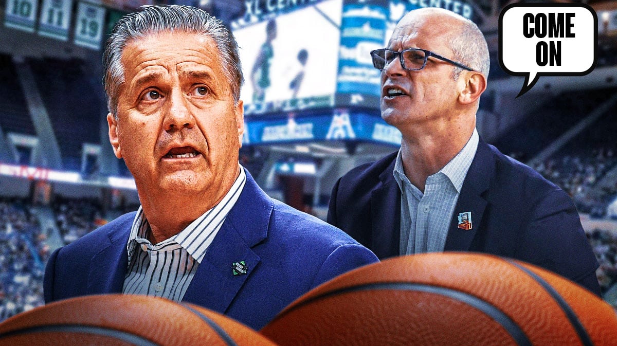Dan Hurley saying "come on" next to John Calipari