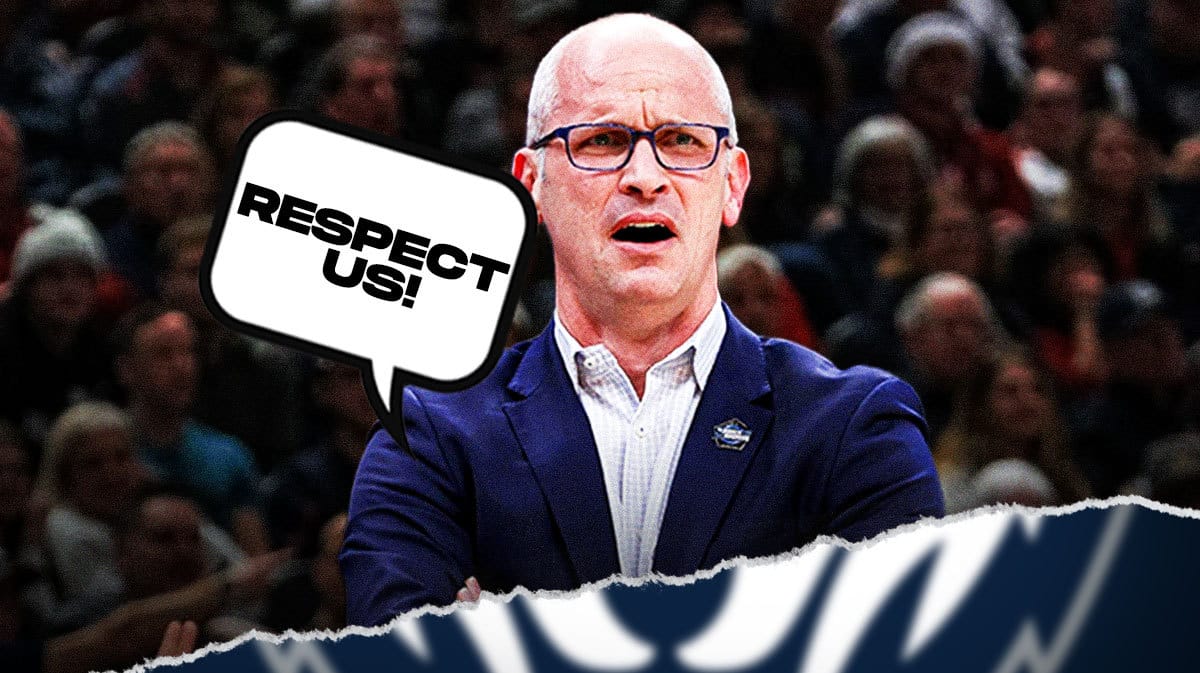 Dan Hurley saying “respect us!” UConn logo next to him