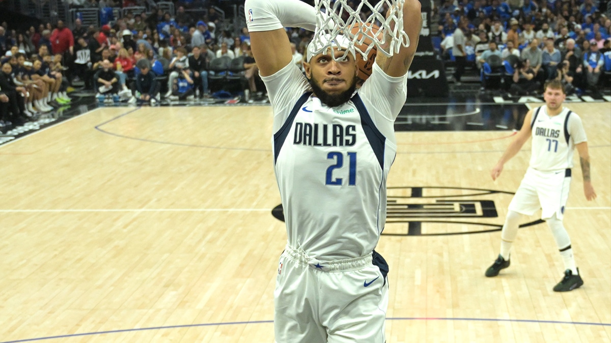 Dallas Mavericks center Daniel Gafford (21) goes up for a dunk in the second half of game one of the first round of the 2024 NBA playoffs against the against the Los Angeles Clippers at Crypto.com Arena. 