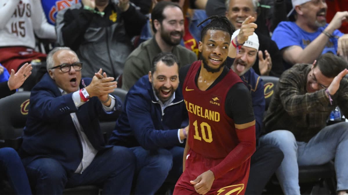 Cleveland Cavaliers guard Darius Garland (10) celebrates his three-point basket in the fourth quarter against the Charlotte Hornets at Rocket Mortgage FieldHouse.