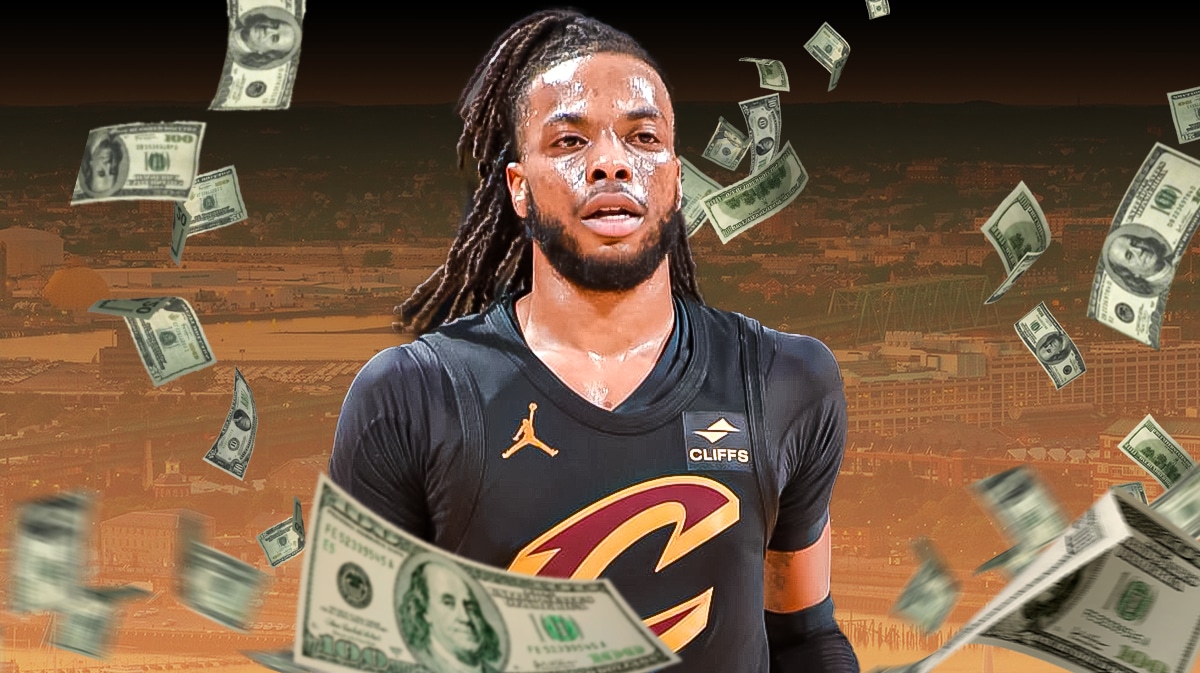 Darius Garland surrounded by piles of cash.