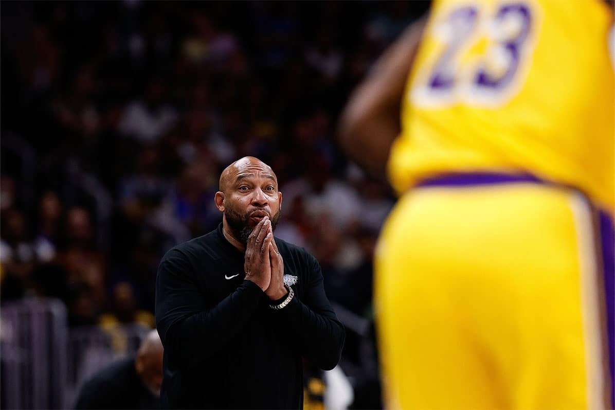 Los Angeles Lakers head coach Darvin Ham in the third quarter against the Denver Nuggets during game five of the first round for the 2024 NBA playoffs at Ball Arena