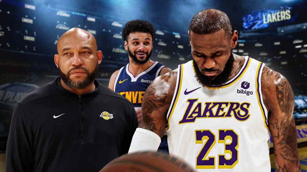 Lakers' Darvin Ham and LeBron James frustrated, with Nuggets' Jamal Murray smiling beside them