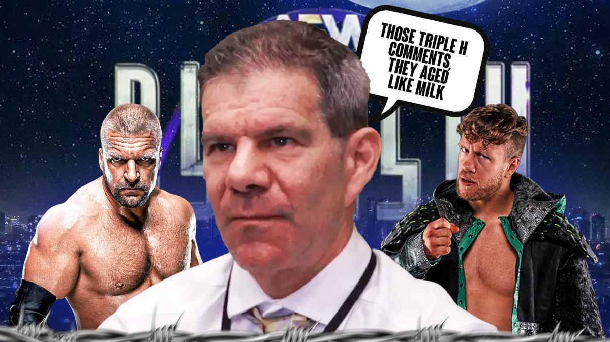 Dave Meltzer with a text bubble reading "Those Triple H comments, they aged like milk" with Will Ospreay on his left and Triple H on his right with the AEW Dynasty logo as the background.
