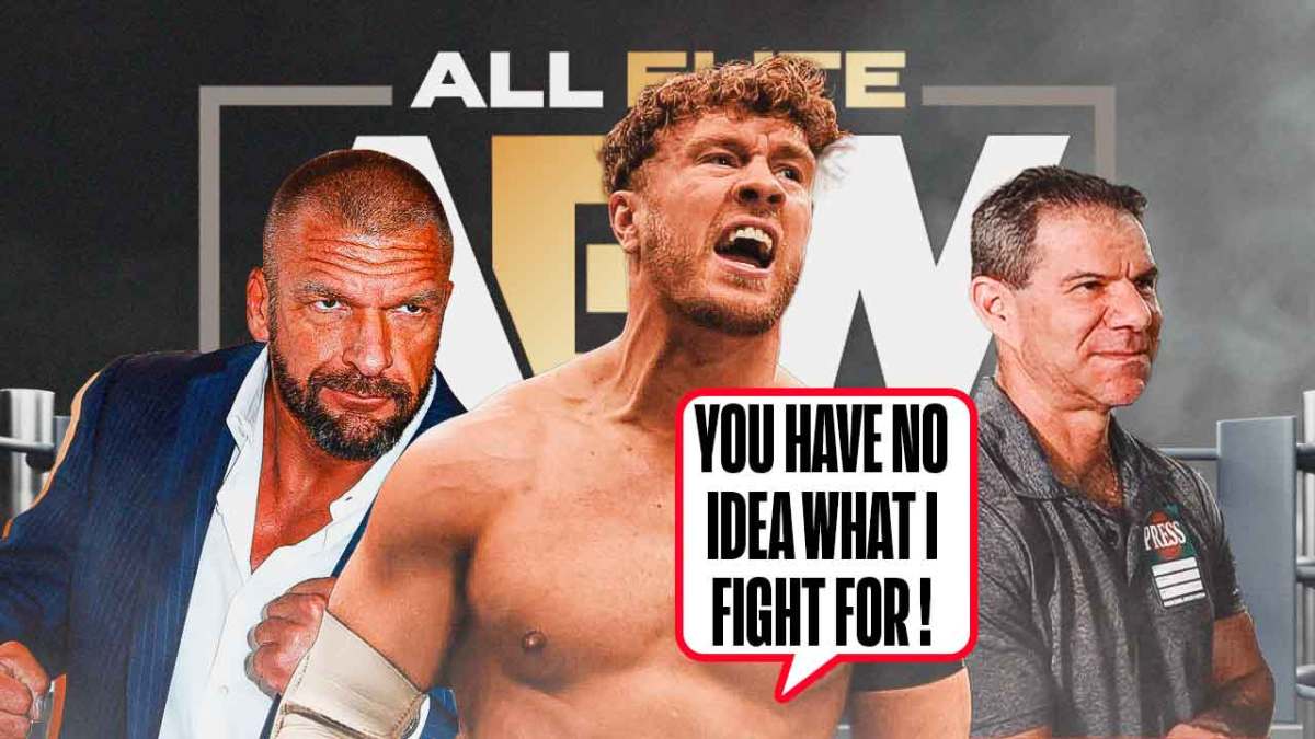Will Ospreay with a text bubble reading "You have no idea what I fight for!" with Triple H on his left and Dave Meltzer on his right and the AEW Dynamite logo as the background.