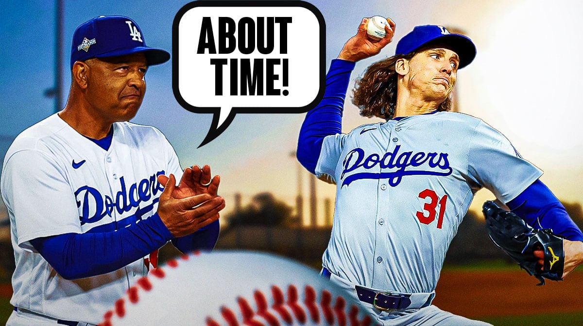 Photo: Dave Roberts in Dodgers jersey coaching saying "About time!", Tyler Glasnow pitching beside him in Dodgers jersey