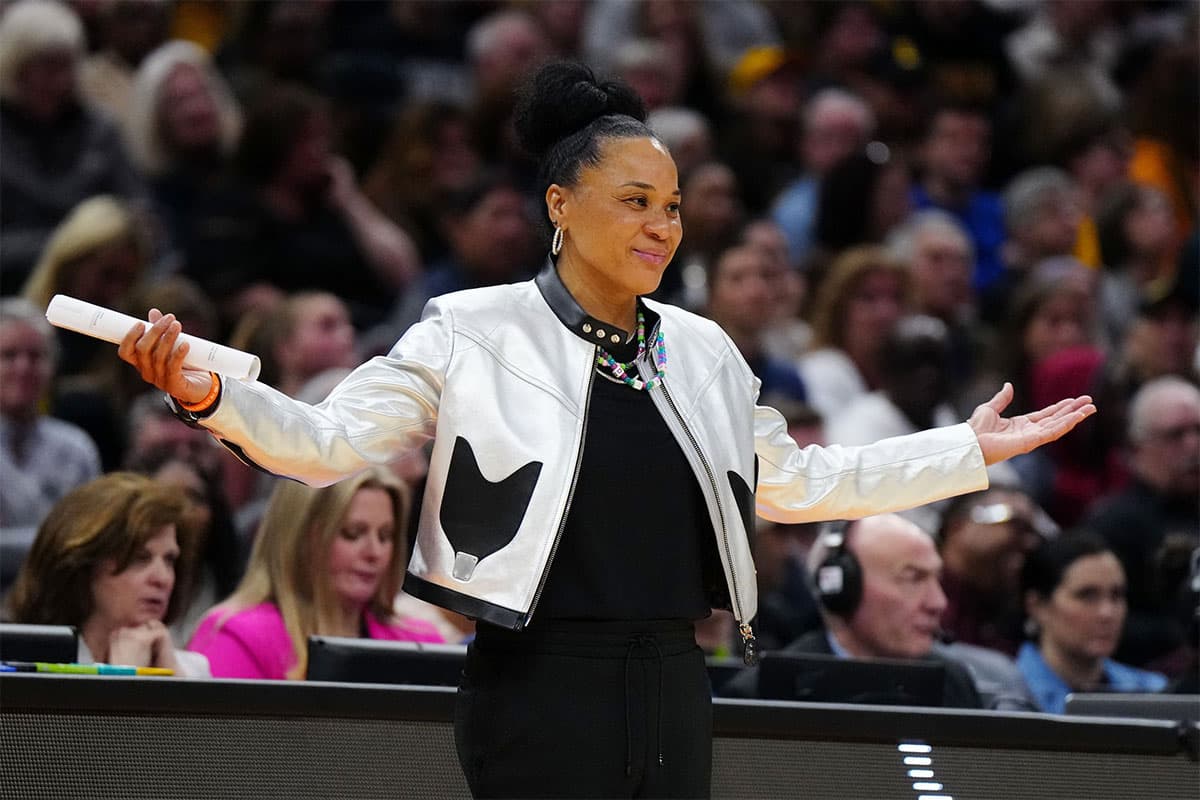 South Carolina Gamecocks head coach Dawn Staley reacts in the second quarter against the Iowa Hawkeyes in the finals of the Final Four of the womens 2024 NCAA Tournament.