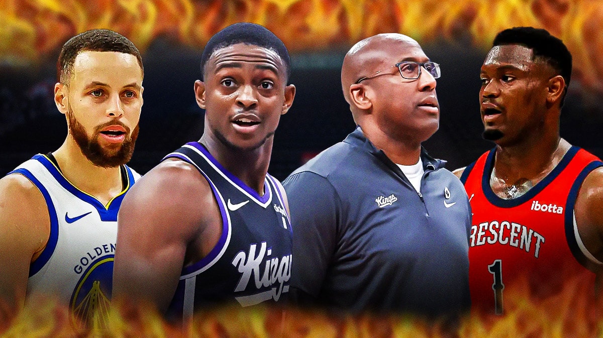 Kings' De'Aaron Fox and Mike Brown hyped up, with Pelicans' Zion Williamson and Warriors' Stephen Curry looking on
