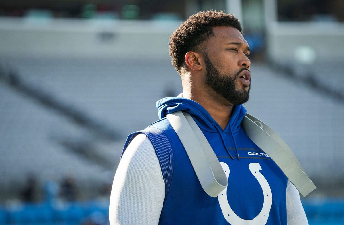 Indianapolis Colts defensive tackle DeForest Buckner (99) warms up before facing the Carolina Panthers.