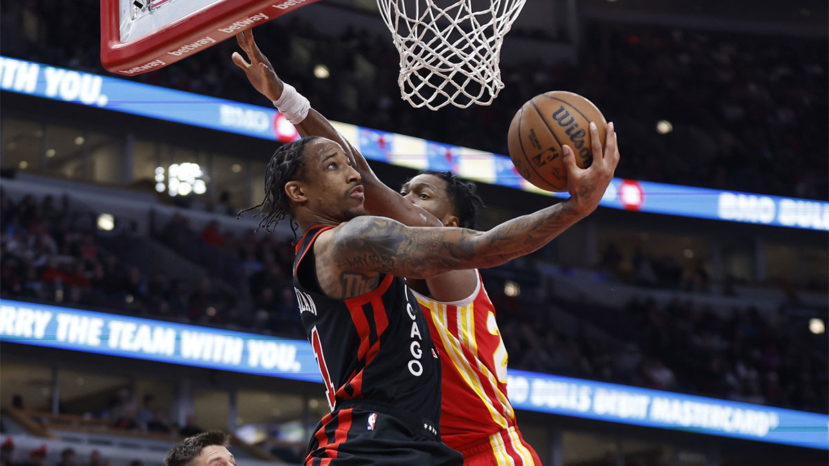 Chicago Bulls forward DeMar DeRozan (11) goes to the basket against the Atlanta Hawks during the first half at United Center. 