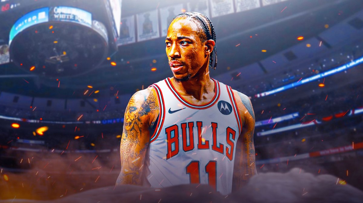 DeMar DeRozan, Bulls, Billy Donovan, DeMar DeRozan Bulls, Billy Donovan Bulls, DeMar DeRozan with fire behind him and Bulls arena in the background