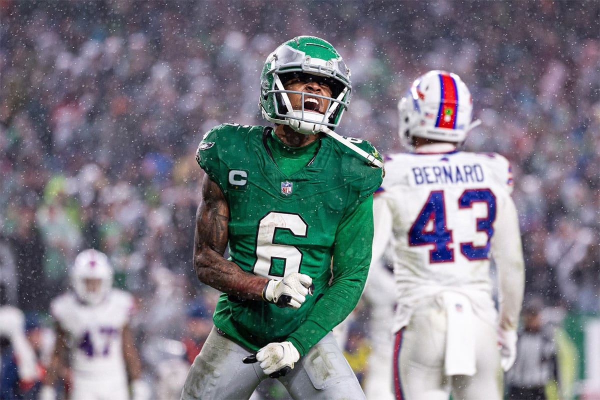 Philadelphia Eagles wide receiver DeVonta Smith (6) reacts after his touchdown catch against the Buffalo Bills during the fourth quarter at Lincoln Financial Field.