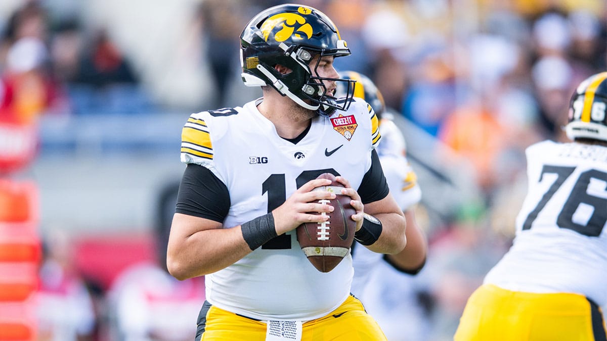 Iowa Hawkeyes quarterback Deacon Hill (10) gets ready to throw the ball against the Tennessee Volunteers in the second quarter at Camping World Stadium. 