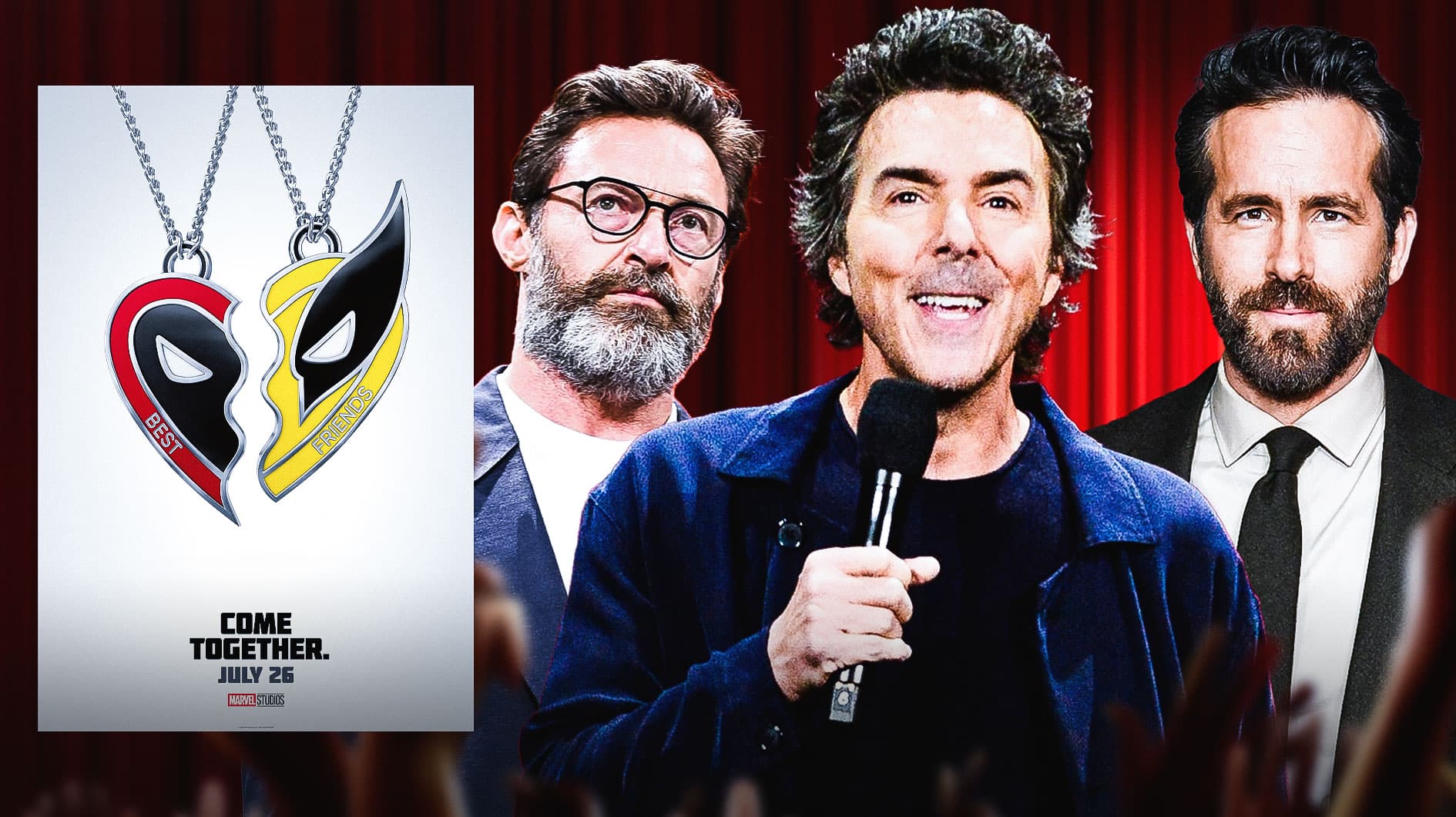 MCU Deadpool and Wolverine poster with Hugh Jackman, Shawn Levy, and Ryan Reynolds.