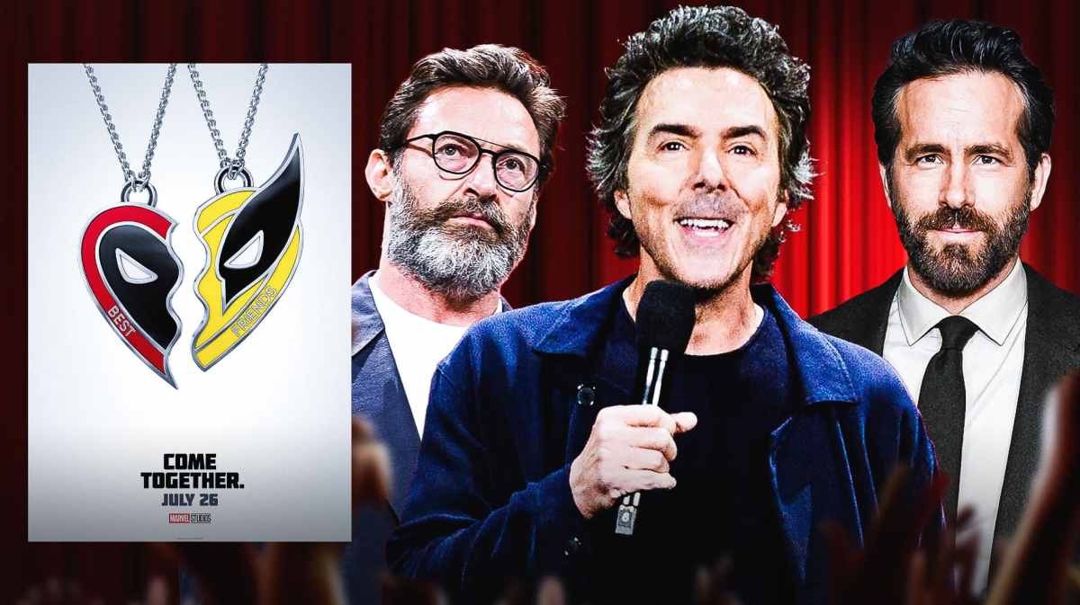 MCU Deadpool and Wolverine poster with Hugh Jackman, Shawn Levy, and Ryan Reynolds.