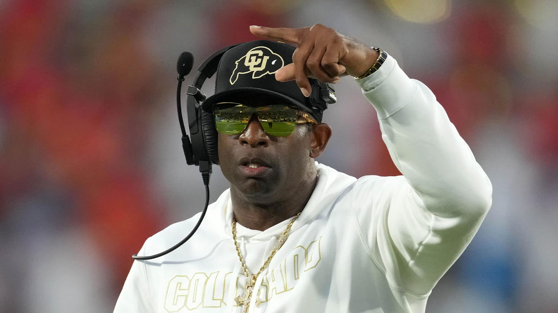 Colorado Buffaloes head coach Deion Sanders reacts against the UCLA Bruins in the first half at Rose Bowl.