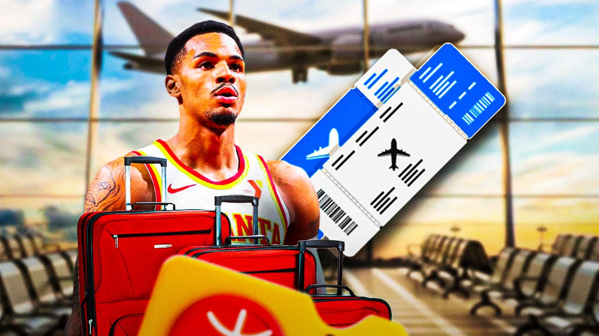 Atlanta Hawks guard Dejounte Murray appearing at an airport with bags packed and a plane ticket in hand