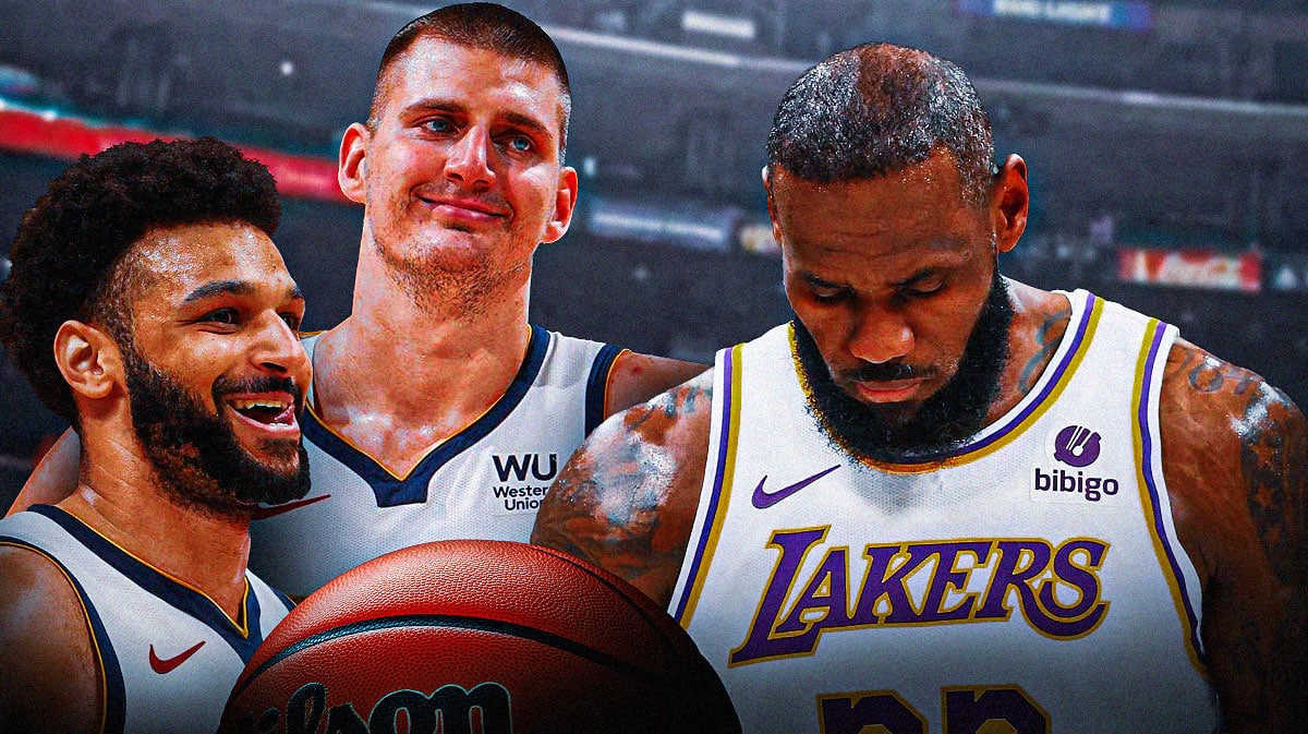 Nuggets' Nikola Jokic, Jamal Murray smiling at a sad LeBron James after Lakers loss