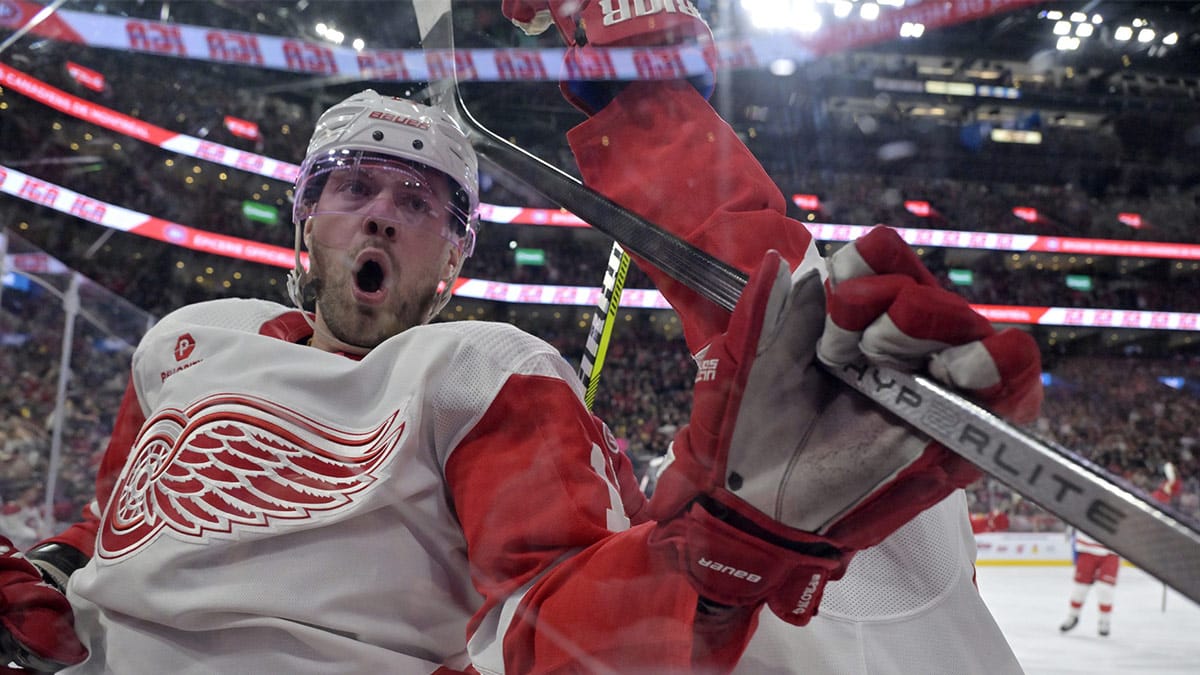 Detroit Red Wings forward Daniel Sprong (17) celebrates after scoring a goal against the Montreal Canadiens during the third period at the Bell Centre.