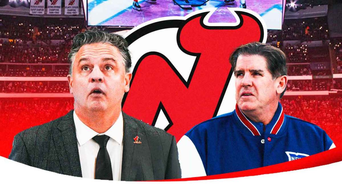 Devils coach Travis Green with Rangers coach Peter Laviolette.