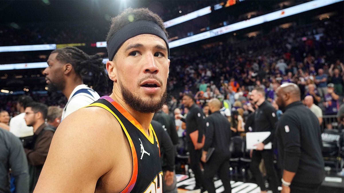 Phoenix Suns guard Devin Booker (1) leaves the court after game four of the first round for the 2024 NBA playoffs against the Minnesota Timberwolves at Footprint Center.