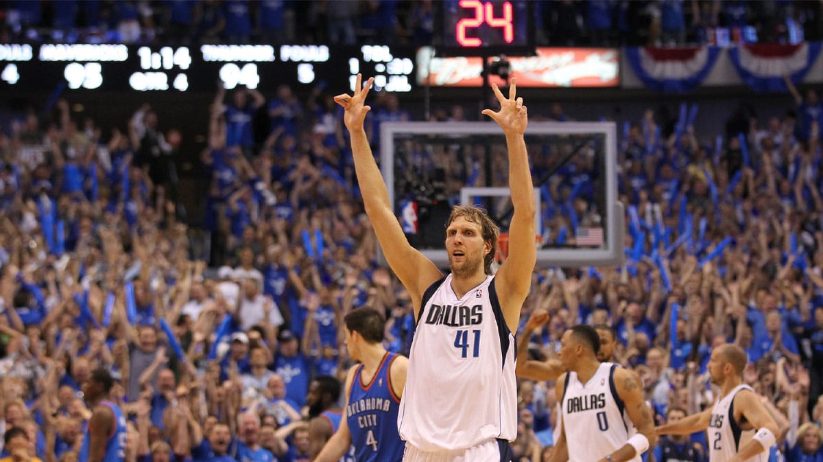 Dallas Mavericks forward Dirk Nowitzki (41) celebrates after hitting a three point basket in the fourth quarter of game five against the Oklahoma City Thunder for the Western Conference Finals of the 2011 NBA playoffs at American Airlines Center. The Mavs beat the Thunder 100-96.