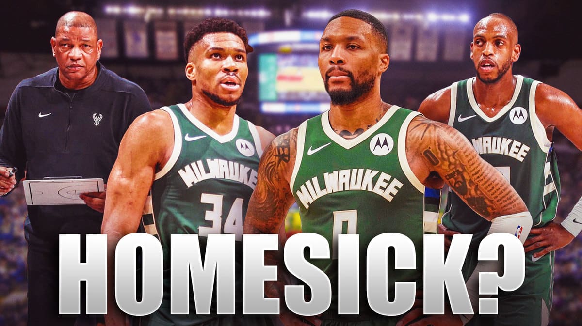 Bucks' Giannis Antetokounmpo, Khris Middleton, Damian Lillard, and Doc Rivers all looking serious, with caption below: HOMESICK?