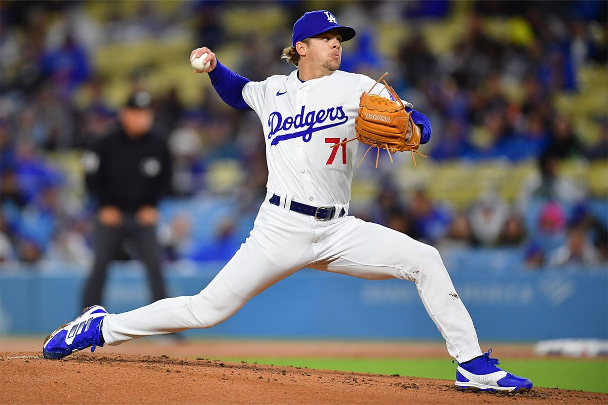 Los Angeles Dodgers pitcher Gavin Stone (71) throws against the San Diego Padres during the second inning at Dodger Stadium. 